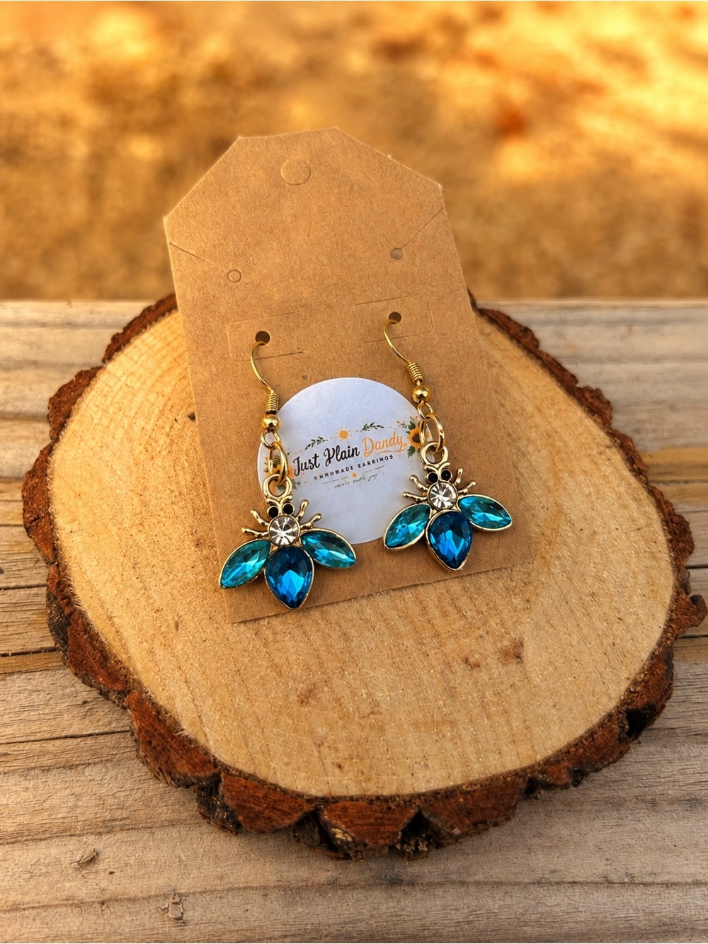 Blue Bee Rhinestone Earrings Crystal Bumble Bee Dangles Gold